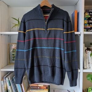 Tomodachi Men's Knit Sweater Navy Blue Striped 1/4 Zip Cotton Size Large Preppy